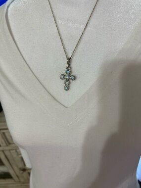 Silpada Sterling iridescent Silver Cross Necklace with Pale Blue stones